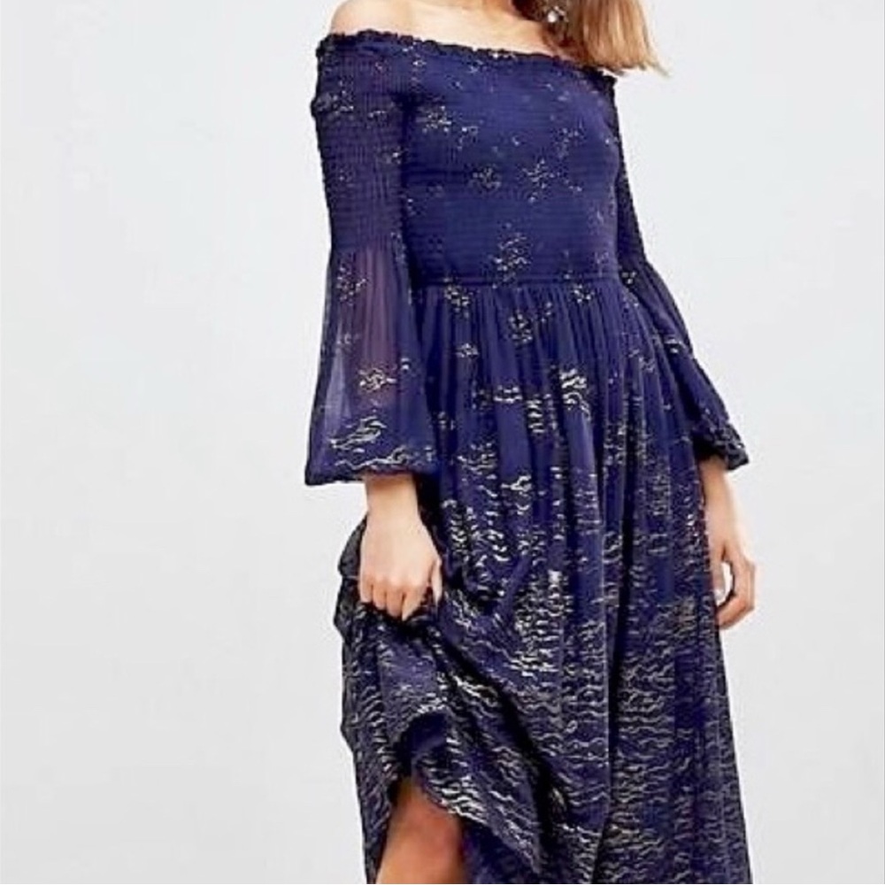 NWT Free People Silver Foil Midi Dress in Evening Blue Combo, Size Small